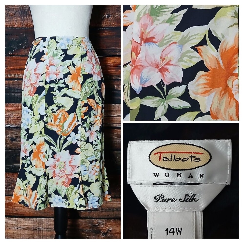 Talbots Skirt 14 W 100% Silk Colorful Floral Flare Hem Lined Zip